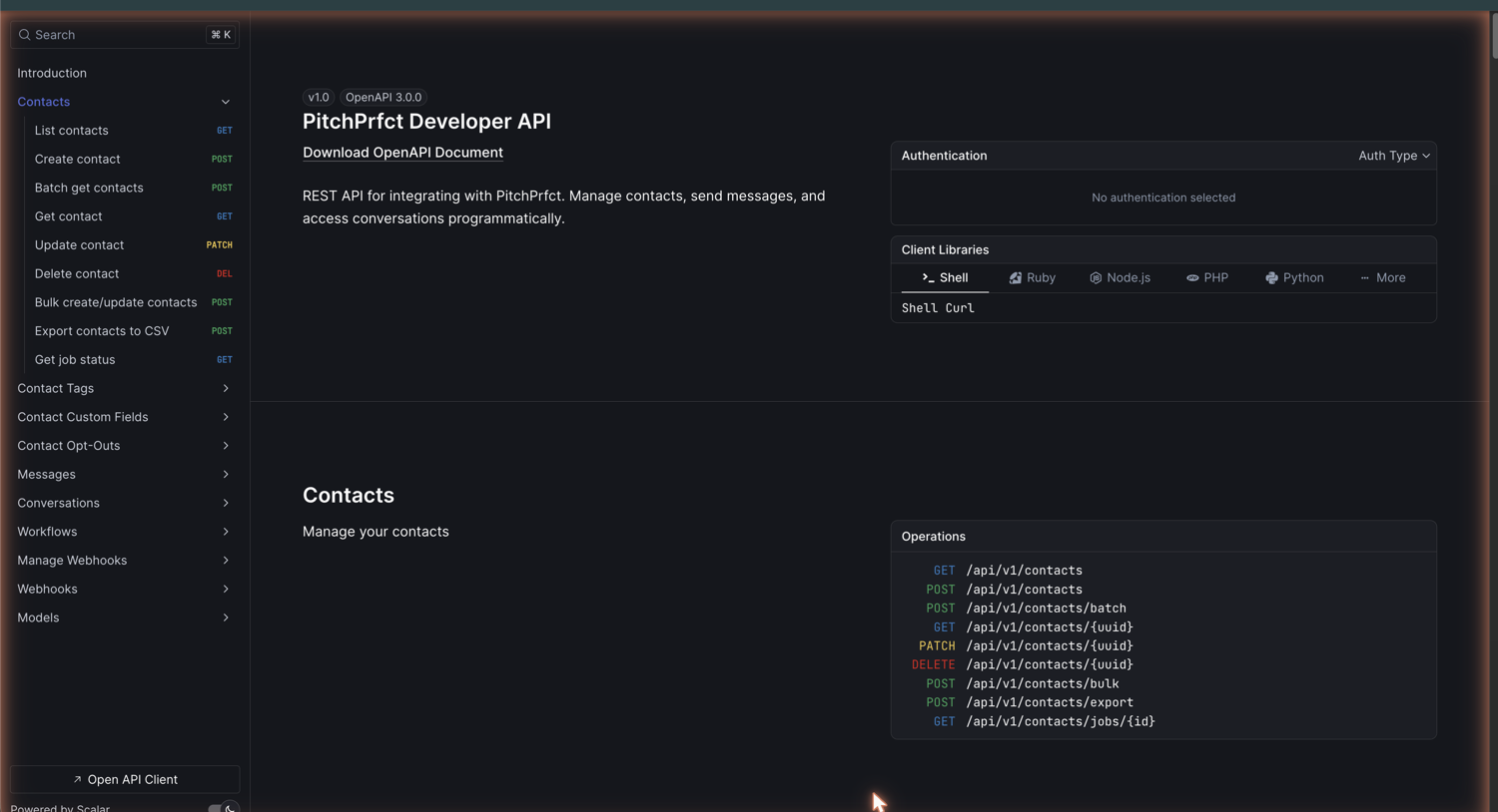 PitchPrfct REST API reference documentation with contacts endpoints