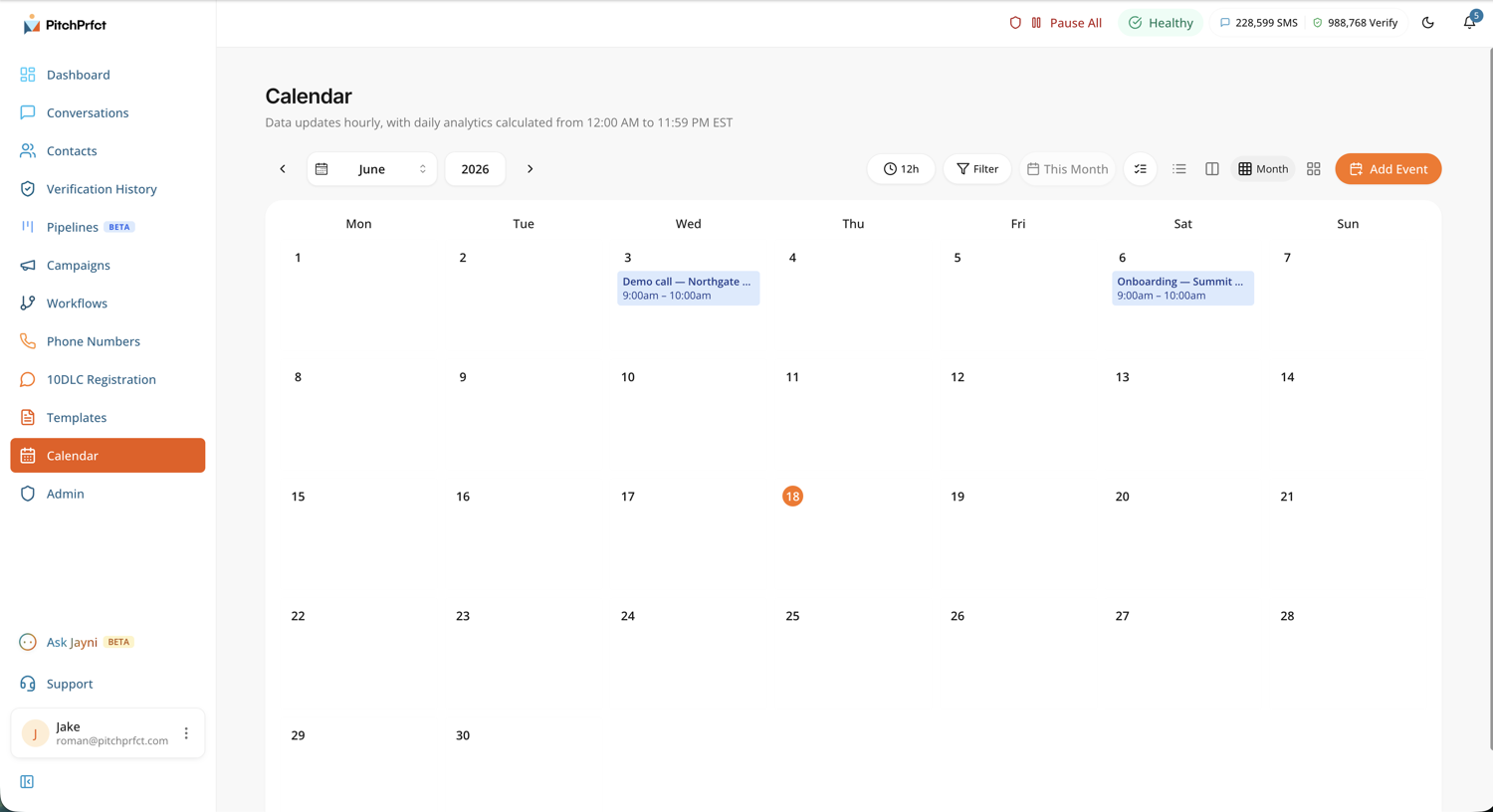 PitchPrfct calendar in month view with scheduled events
