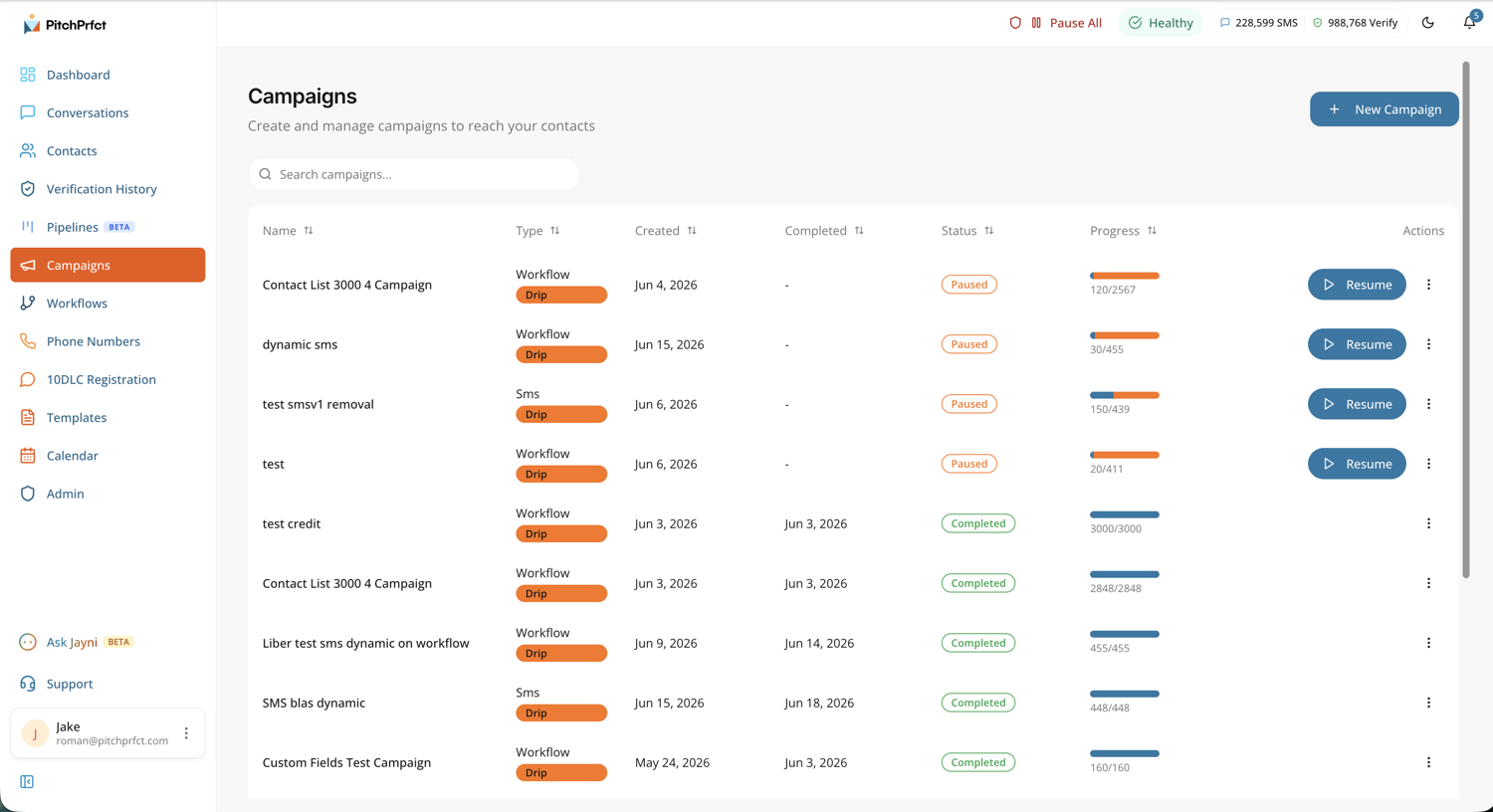 PitchPrfct campaign composer with audience selection, message body, merge fields, and scheduling
