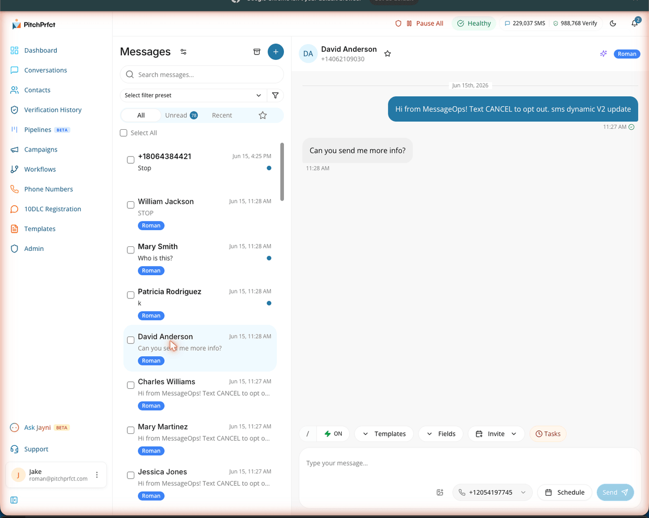 PitchPrfct conversations inbox with tagged threads and a composer
