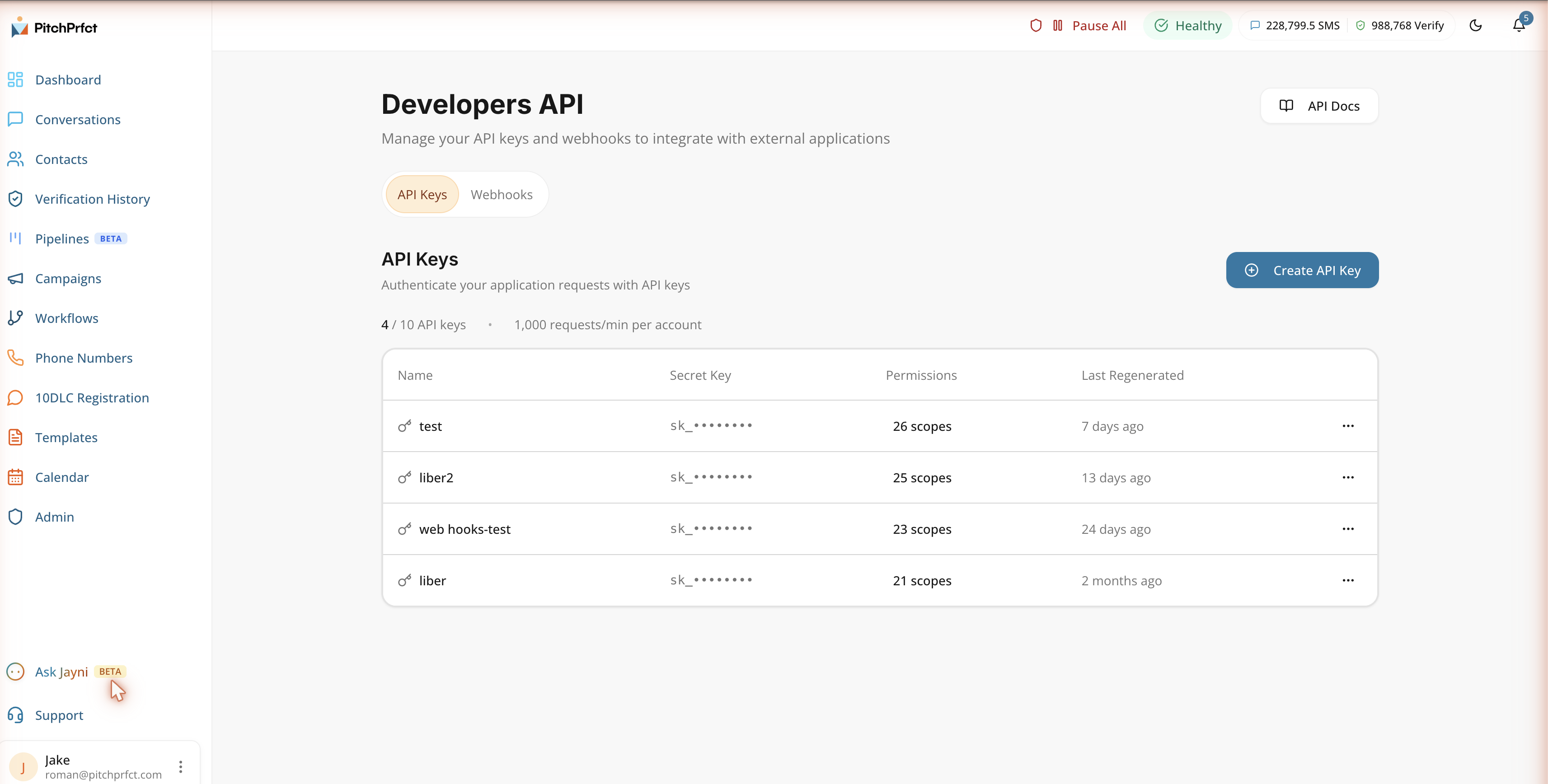 PitchPrfct Developers API page managing API keys and webhooks