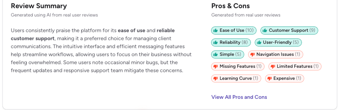 G2 review summary for PitchPrfct: ease of use, customer support, reliability