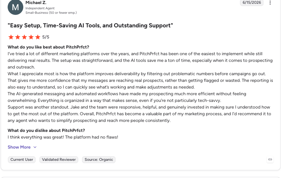 Five-star G2 review of PitchPrfct