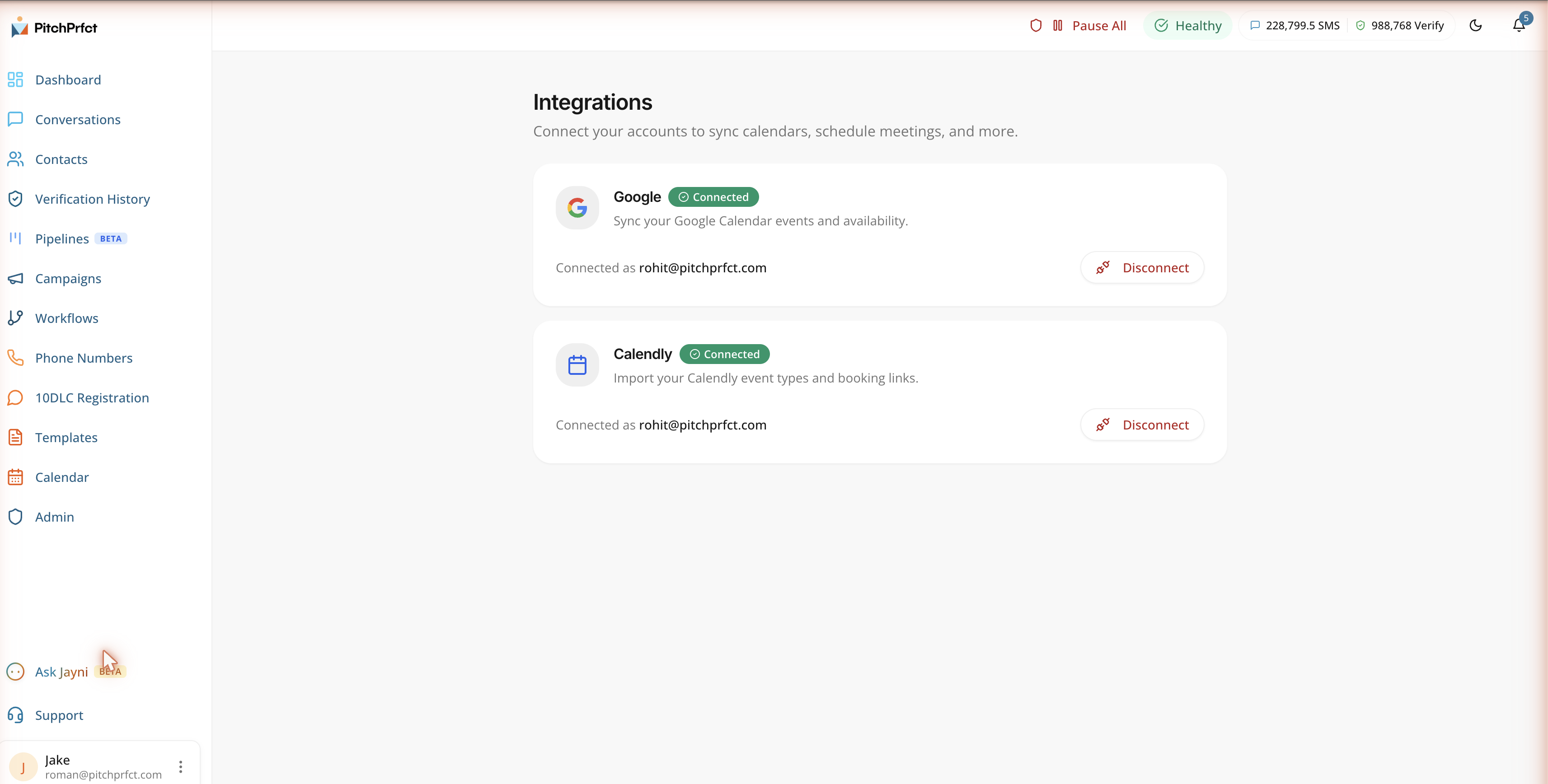 PitchPrfct integrations page with Google Calendar and Calendly connected