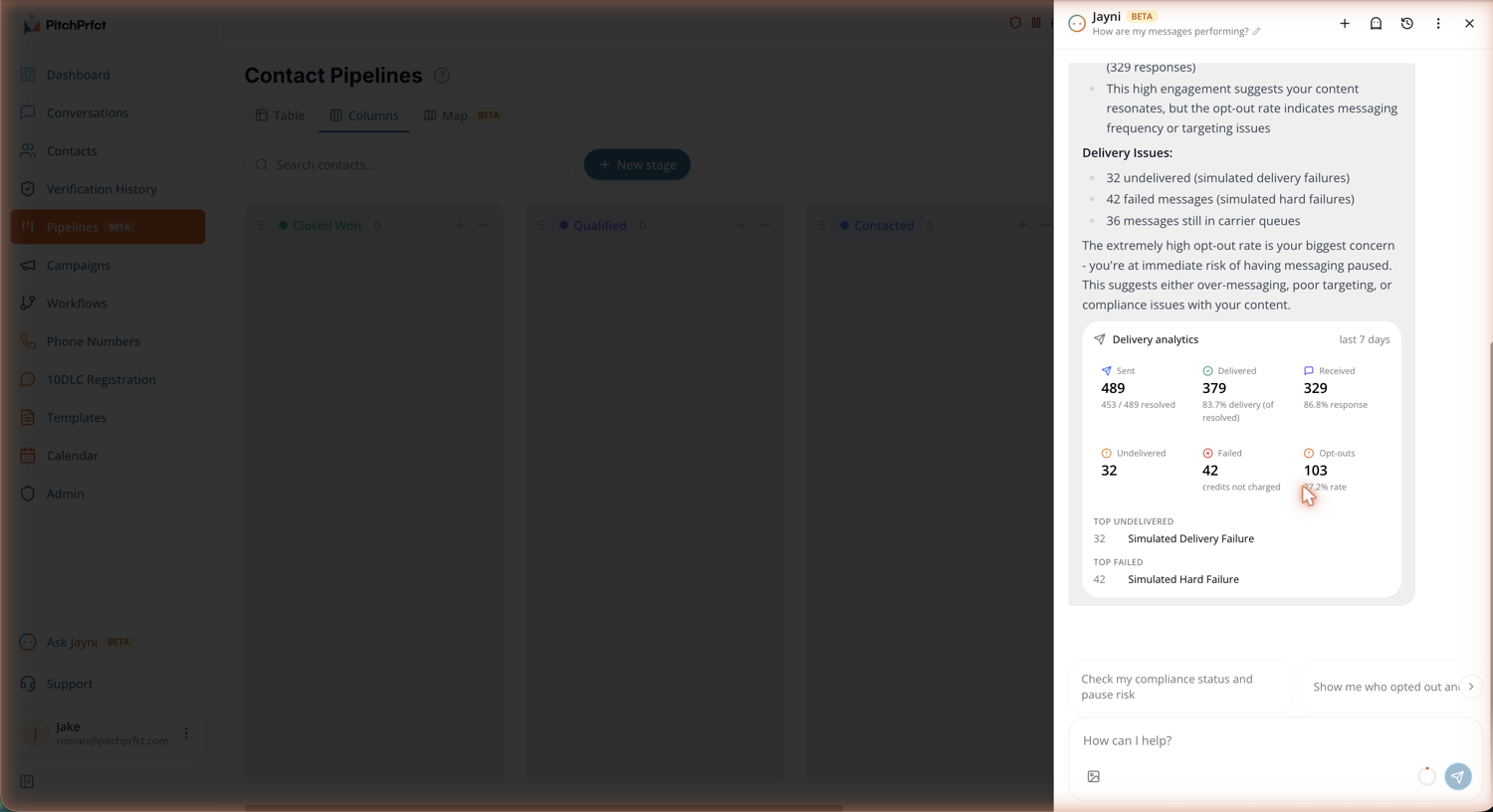 Jayni, PitchPrfct's AI copilot, analyzing message performance and rendering a delivery analytics card