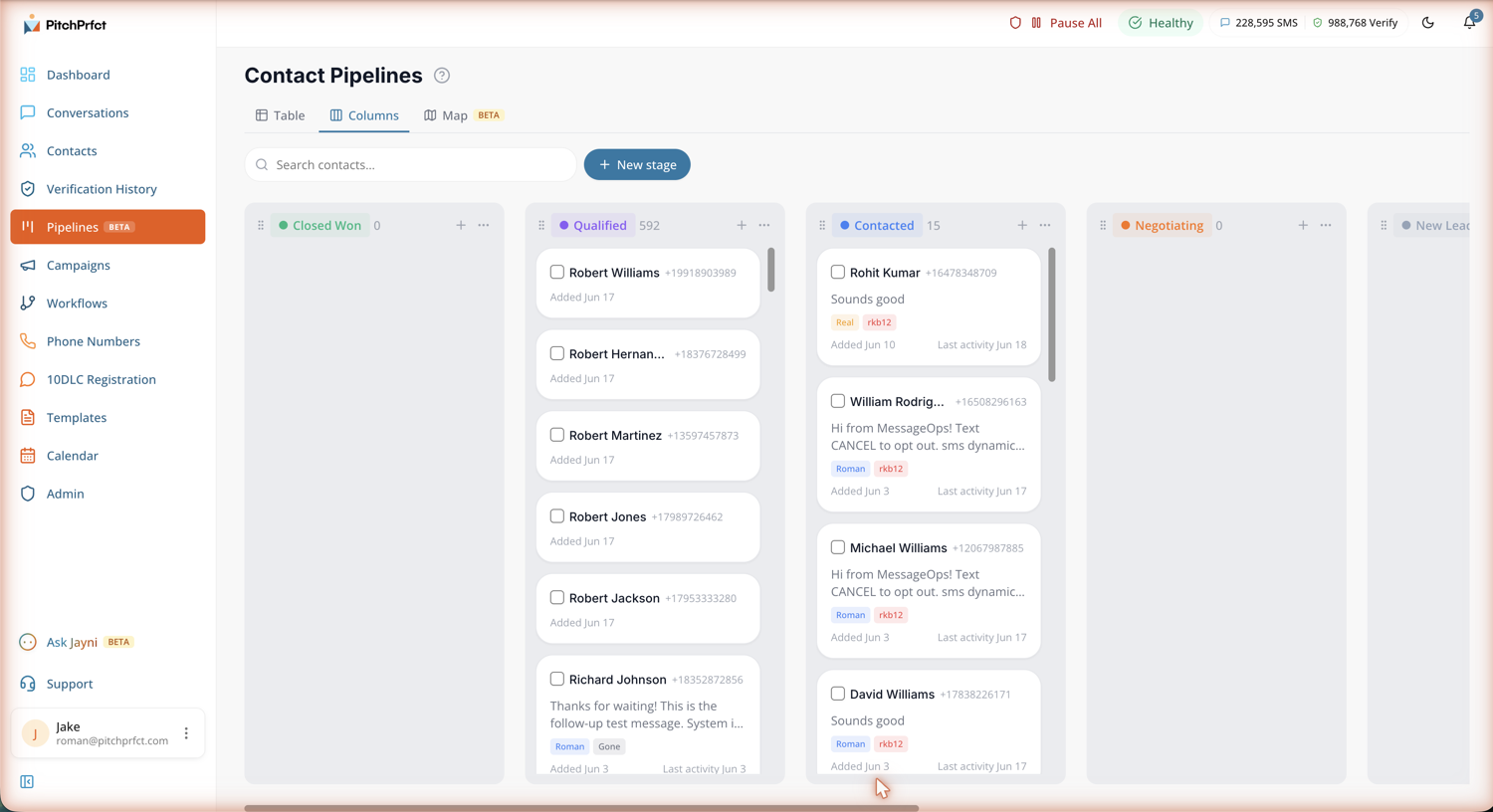 PitchPrfct Contact Pipelines kanban board with stages: Closed Won, Qualified, Contacted, Negotiating, New Lead