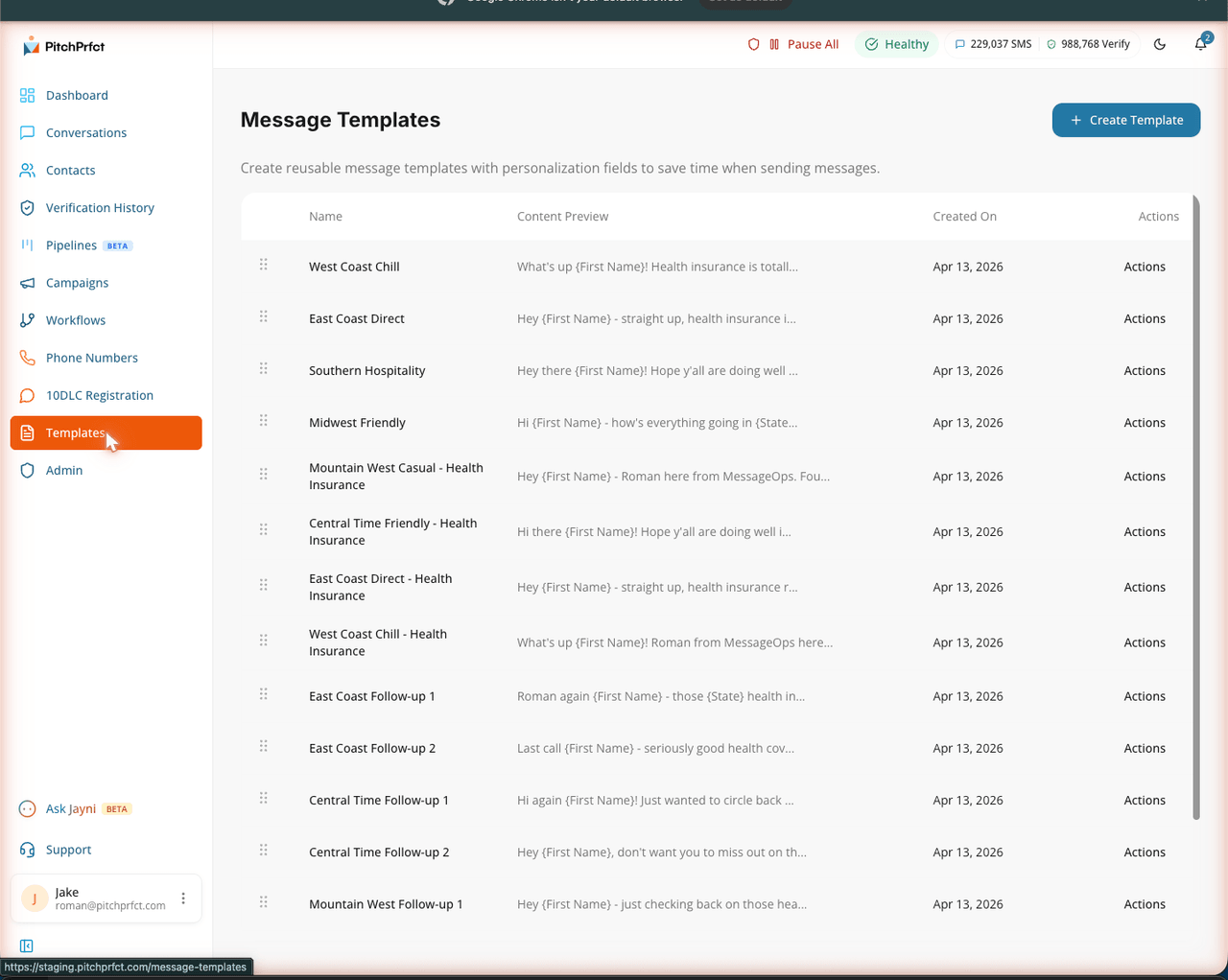 PitchPrfct saved templates library with merge fields like name and date ready to insert