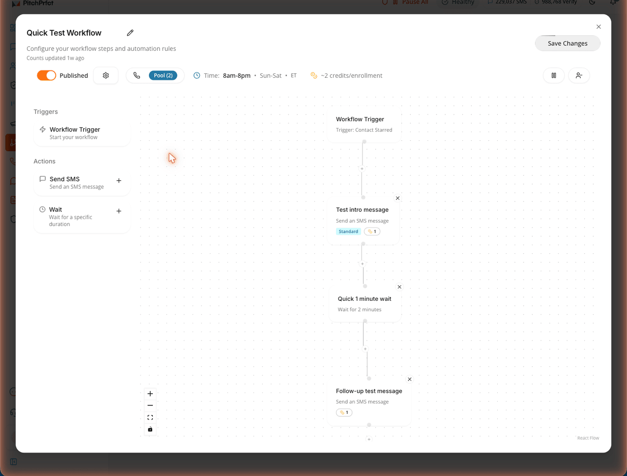 PitchPrfct drag-and-drop workflow builder with trigger, send, and wait steps