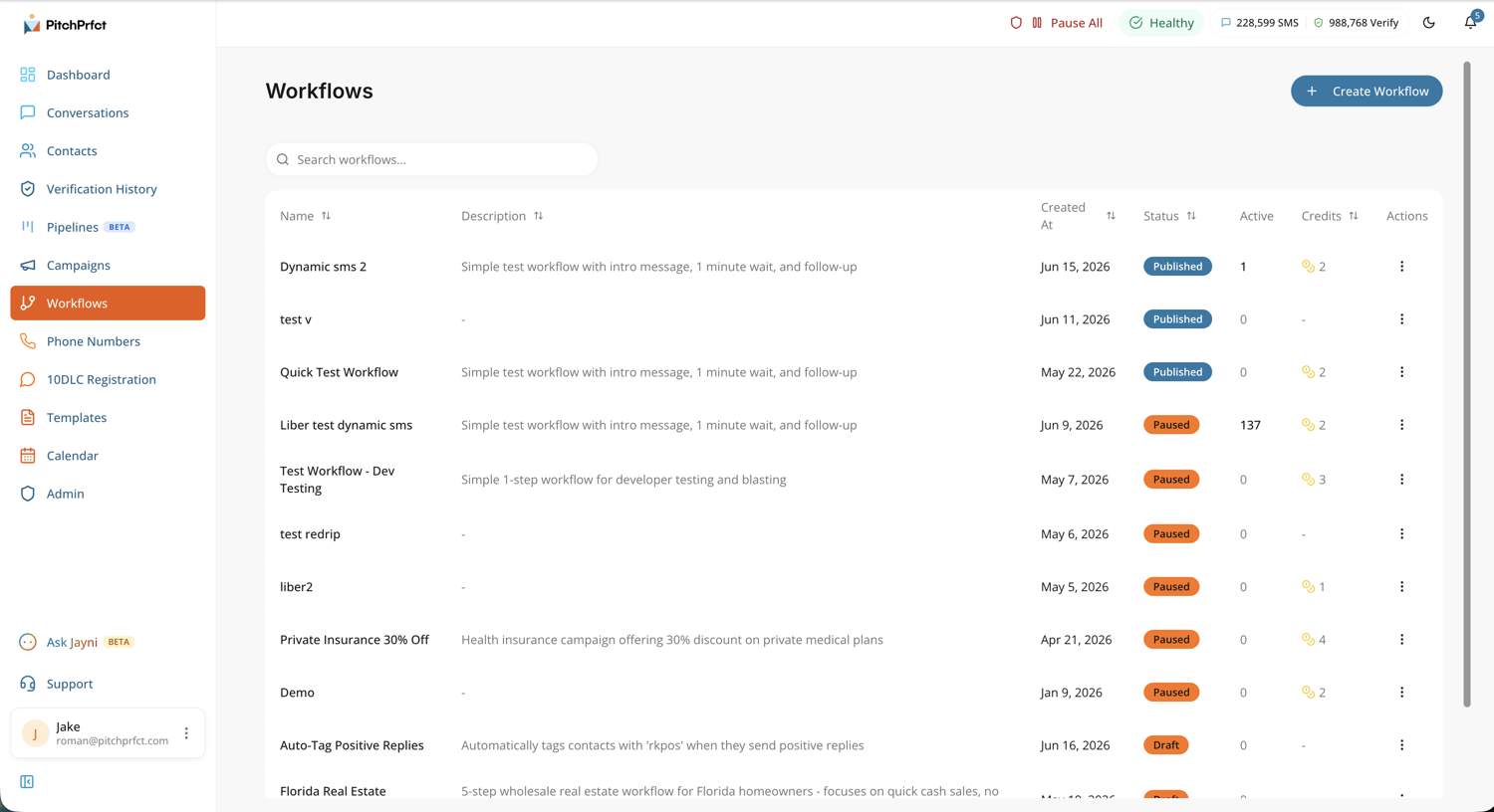 PitchPrfct workflows list showing published and paused automations